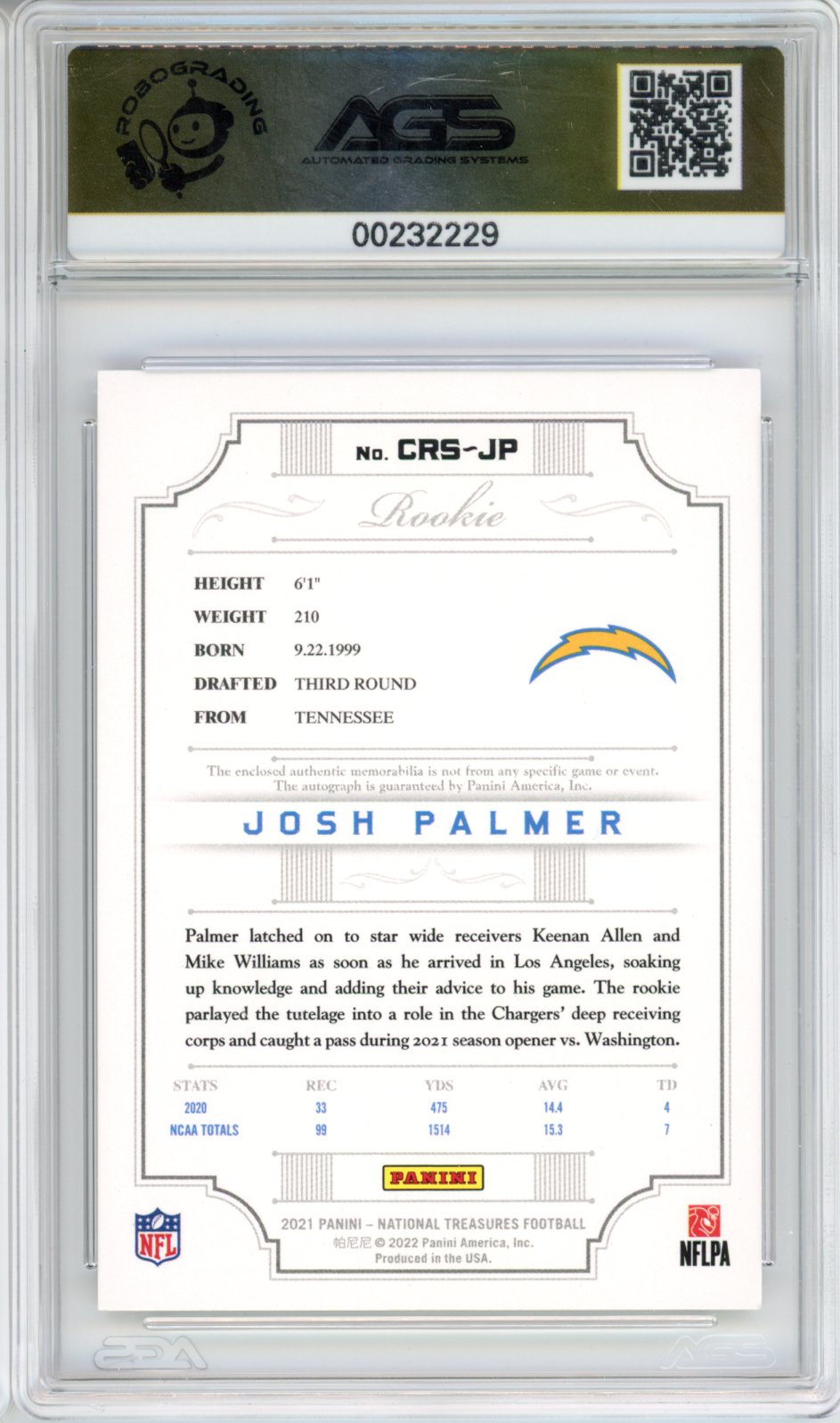 2022 Football 2021 Panini National Treasures Josh Palmer #CRS-JP /99 AGS 10