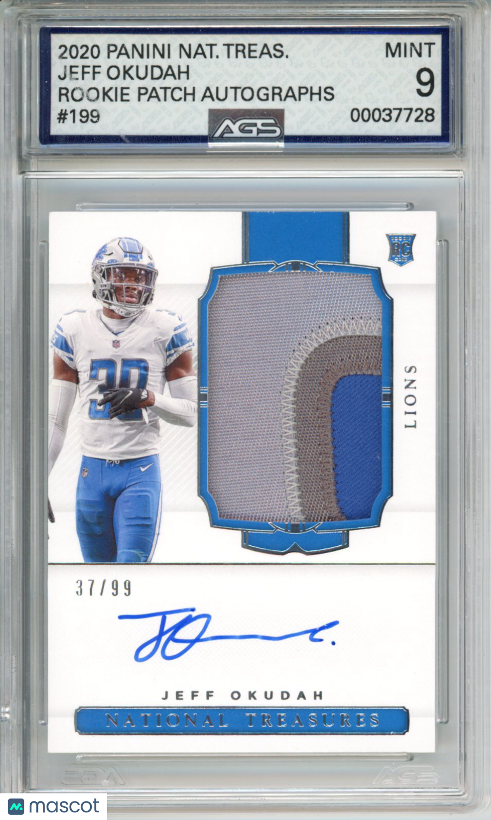 2020 Panini National Treasures Jeff Okudah #199 RPA /99 AGS 9