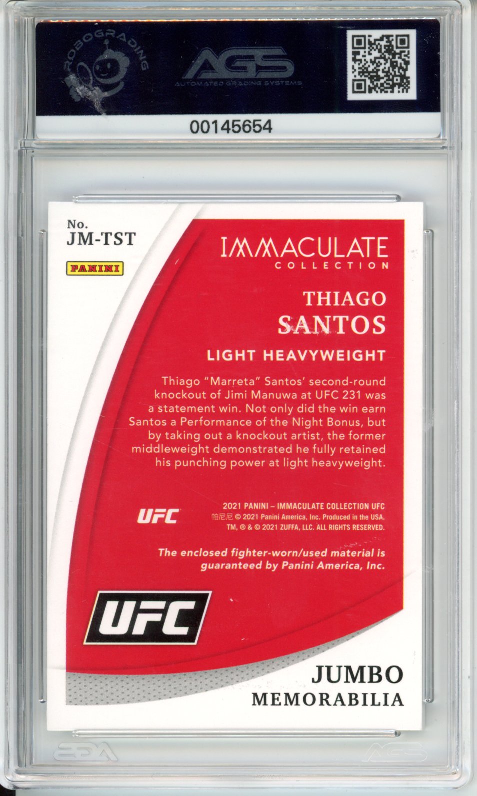 2021 Immaculate UFC THIAGO SANTOS #JM-TST Shorts - Teal /4 AGS 8.5