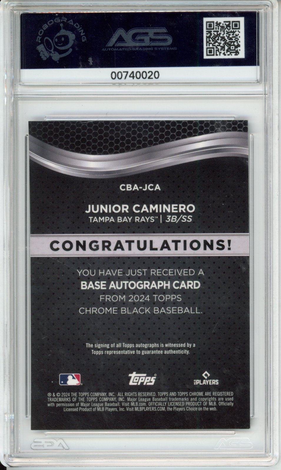 2024 TOPPS CHROME BLACK JUNIOR CAMINERO #CBA-JCA Tampa Bay Rays AGS 9