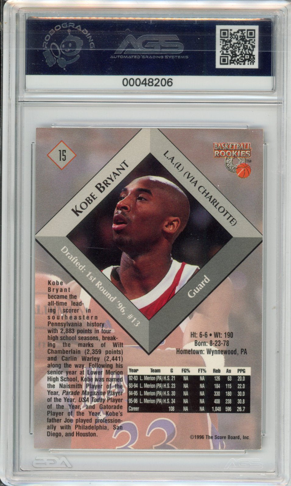 1996 Score Board Basketball Rookies Kobe Bryant #015 AGS 9