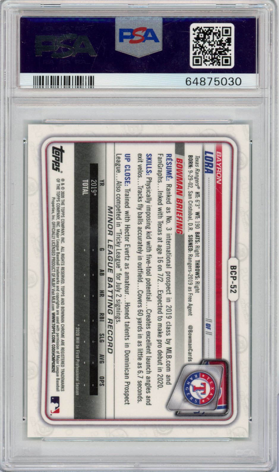 2020 Bowman Chrome Prospects Bayron Lora Aqua Shimmer BCP52 English PSA 10