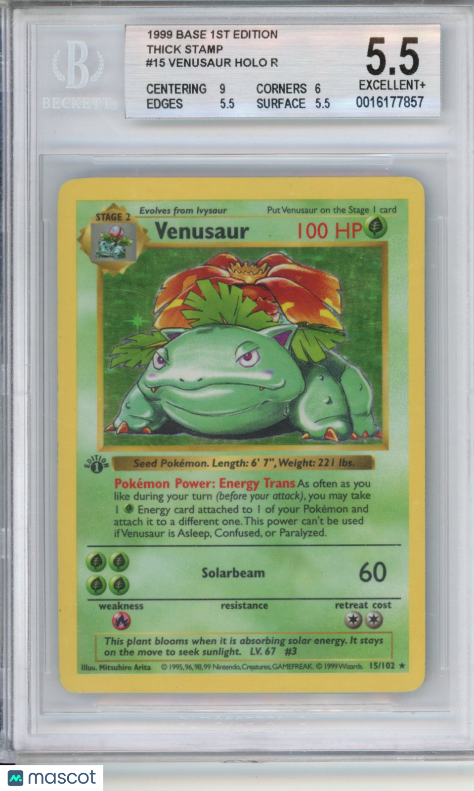1999 Pokemon Base 1st Edition Thick Stamp Venusaur HOLO R #15 Shadowless BGS 5.5