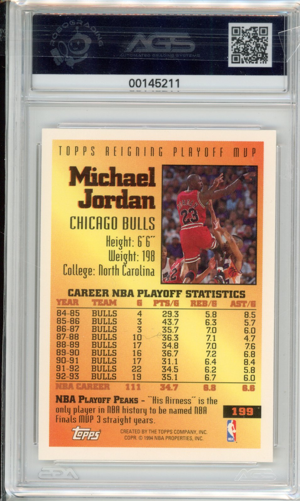 Basketball 1993 TOPPS MICHAEL JORDAN #199 AGS 9
