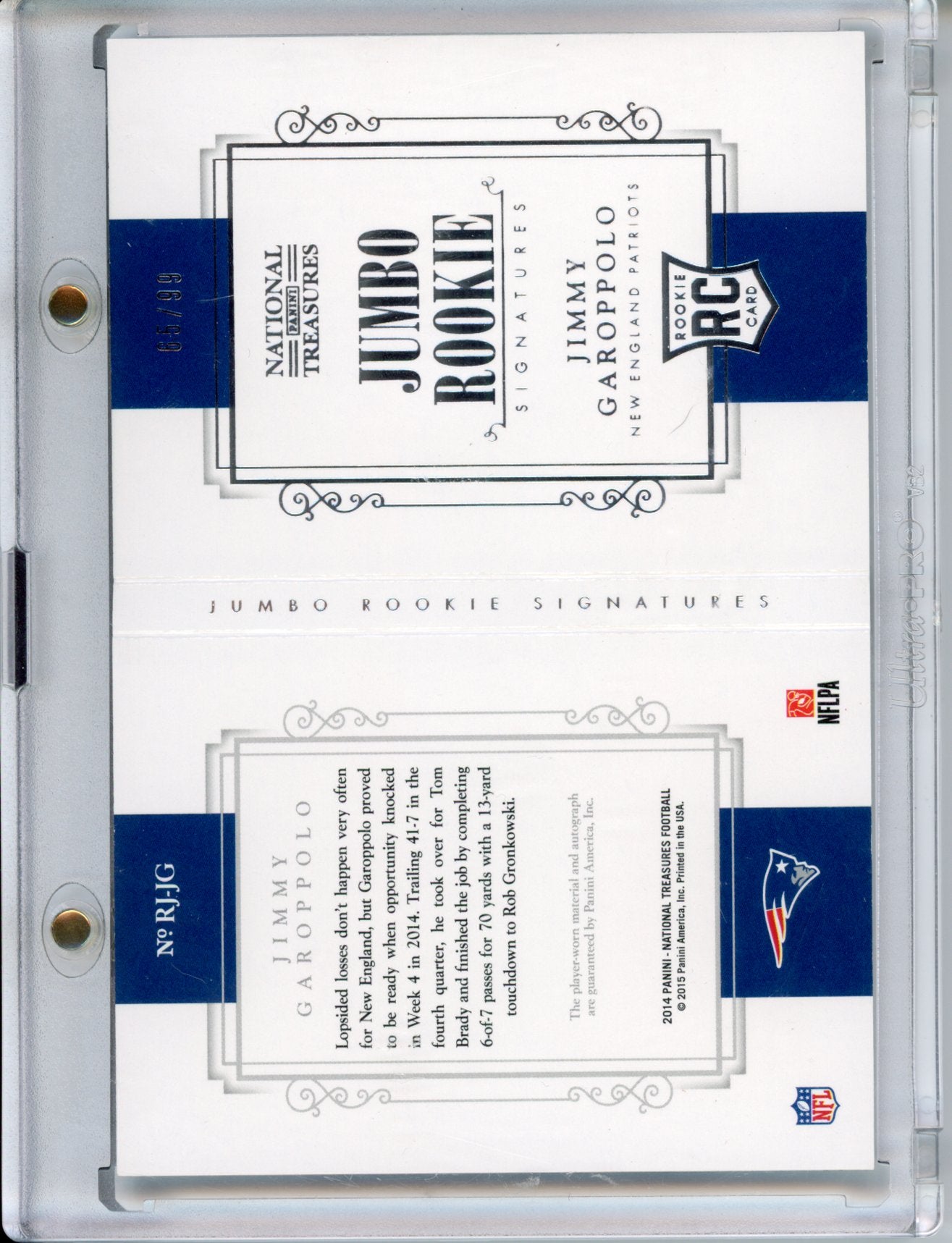 2014 Panini National Treasures Jimmy Garoppolo #RJ-JG Jumbo Rookie Booklet /99