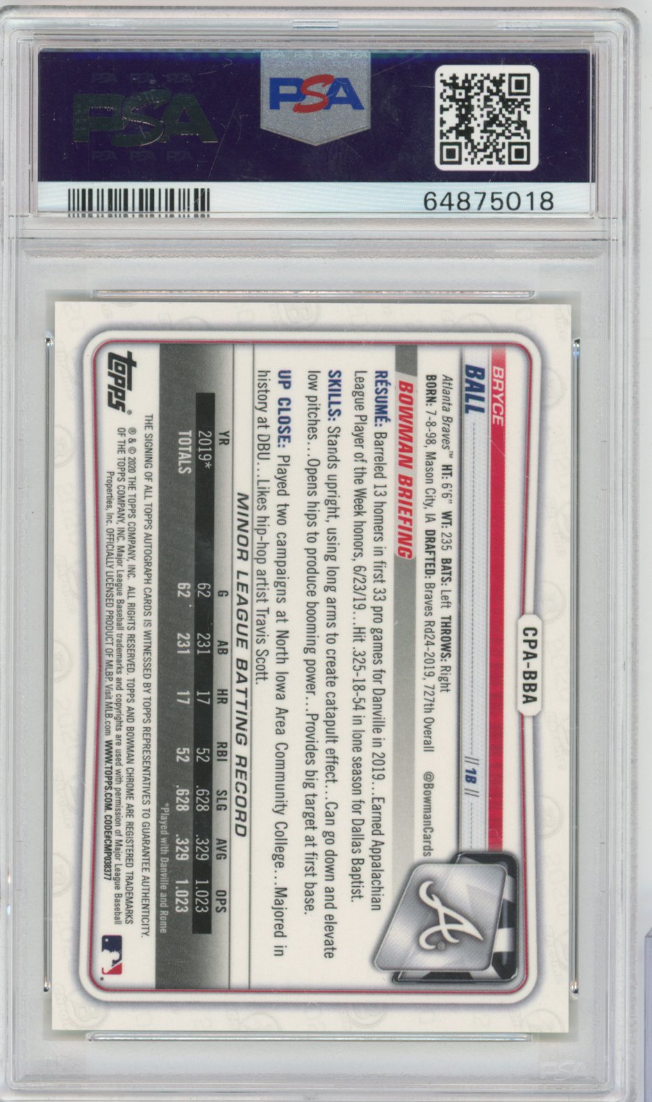 2020 Bowman Chrome Prospect Autographs Bryce Ball Yellow Refractor CPABBA English PSA 9