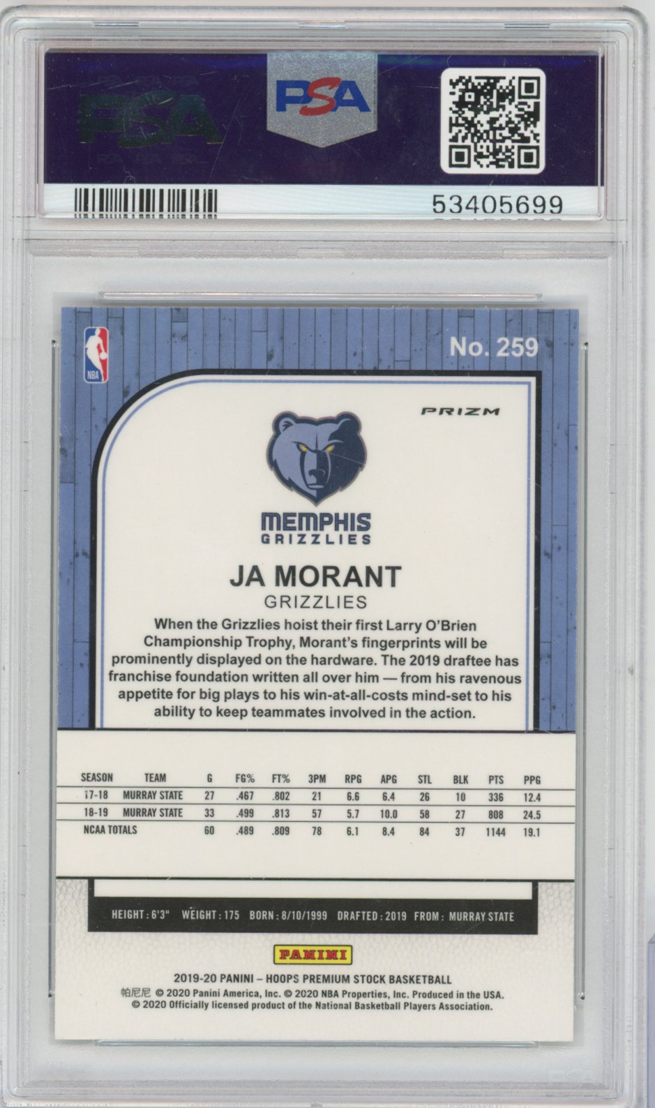2019 Panini Hoops Premium Stock Basketball Ja Morant #259 Pulsar English PSA 10