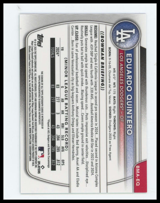 2025 Bowman Chrome Eduardo Quintero Prospect Autographs Green Mojo #/99