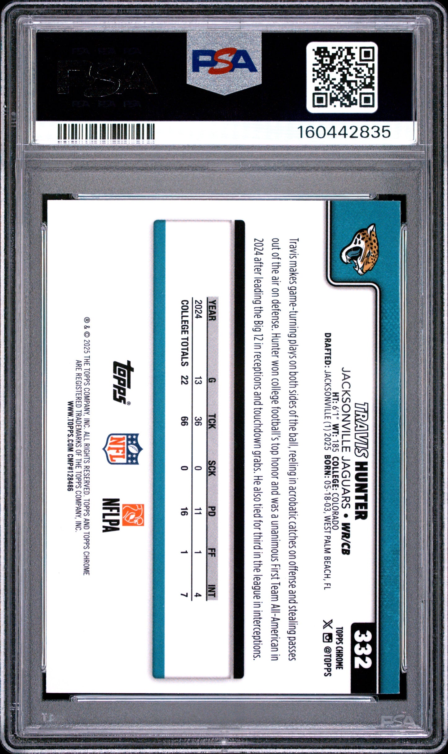 2025 Topps Chrome Football Travis Hunter #332 Chrome Image Variation English PSA 7