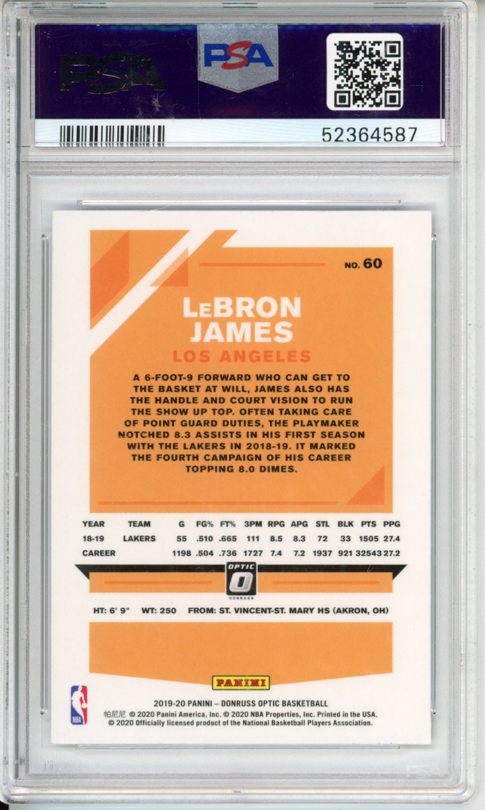 2019 Panini Donruss Optic LeBron James #60 PSA 9