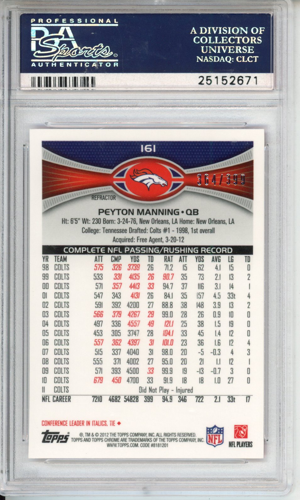 2012 Topps Chrome Peyton Manning #161 Pink Refractor PSA 9