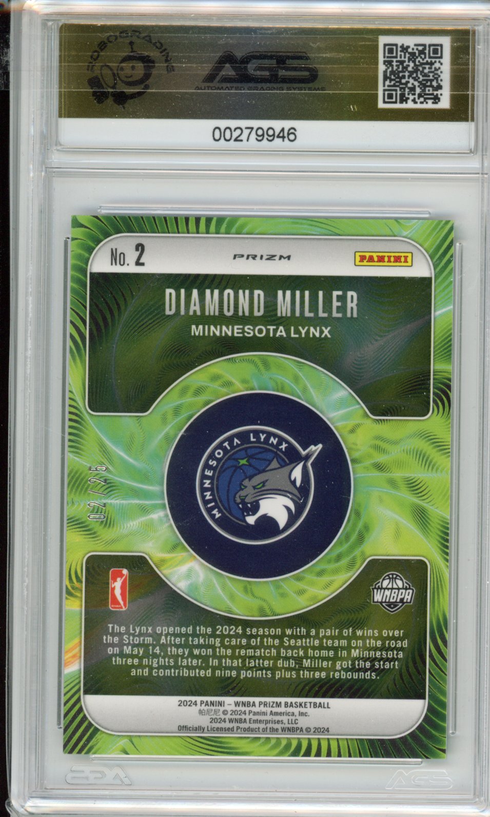 2024 Panini PRIZM WNBA DIAMOND MILLER #002 Fractal - Mojo prizms /25 AGS 9.5