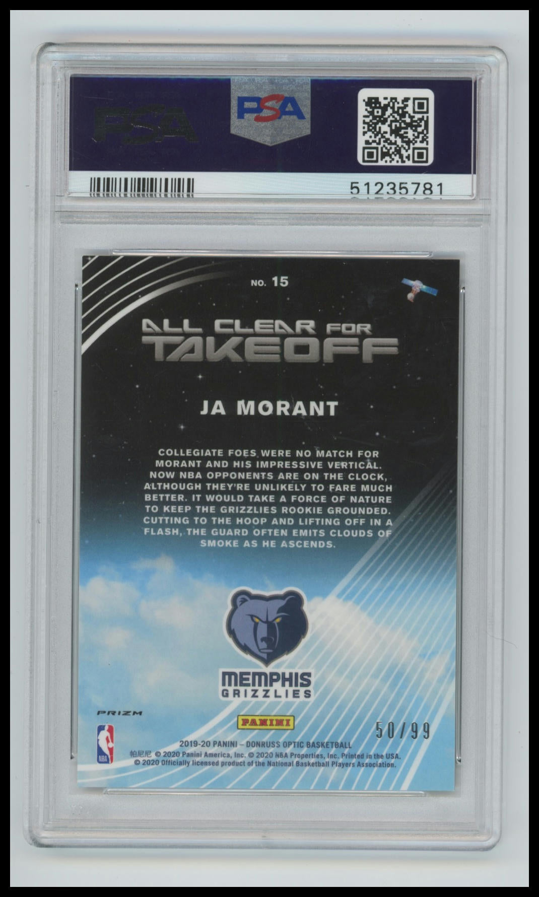 2019 Panini Donruss Optic All Clear For Takeoff Ja Morant #15 Red /99 PSA 9