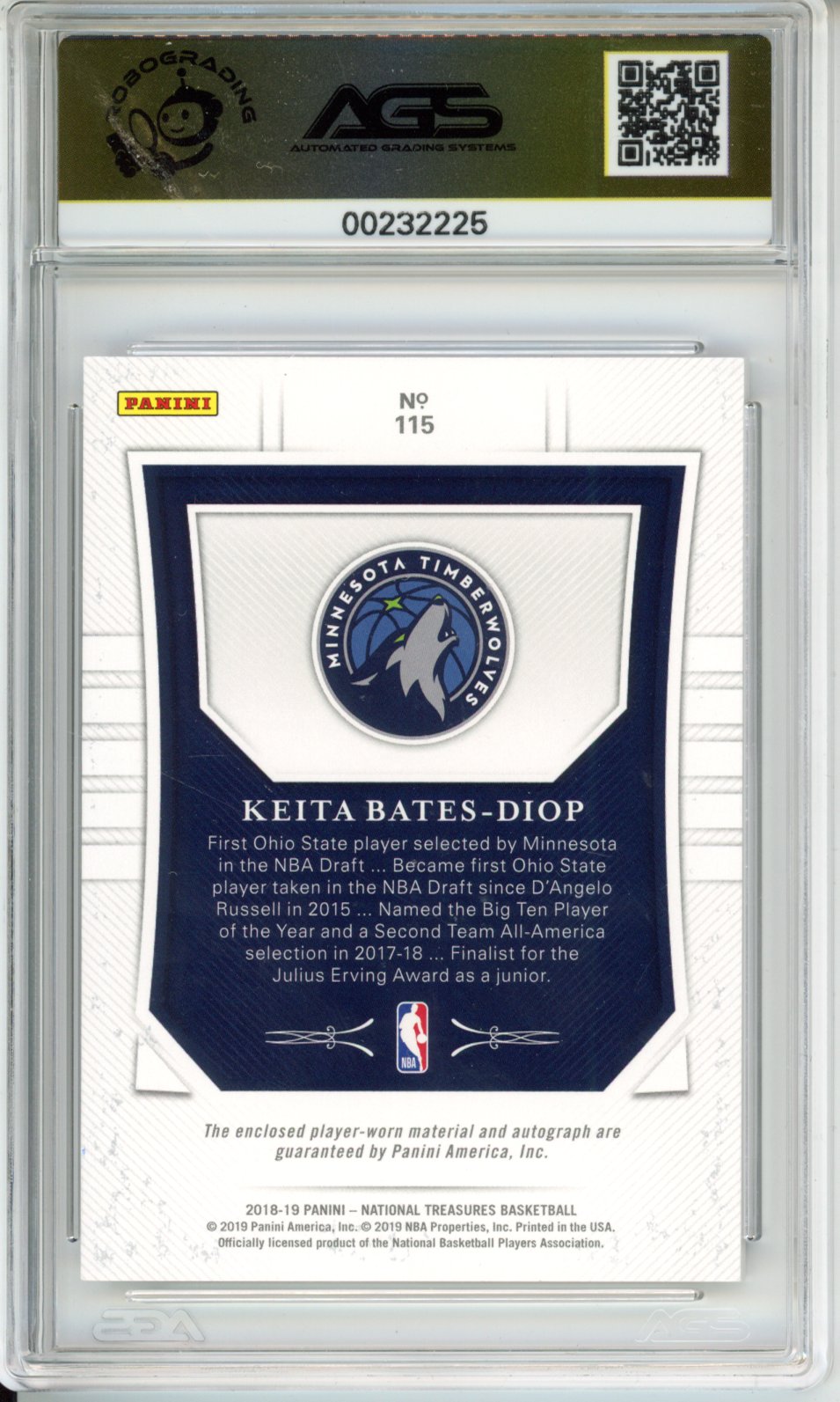 2018-19 Panini National Treasures Keita Bates-Diop #115 RPA RC 62/99 AGS 9.5