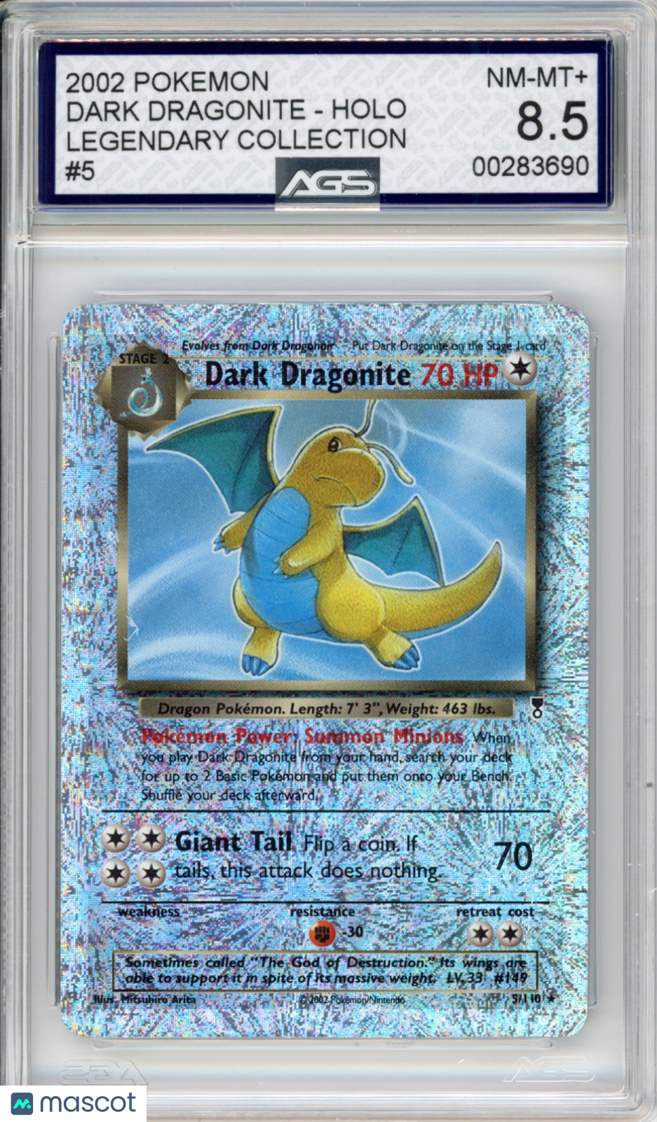 2002 Pokemon Legendary Collection Dark Dragonite #005 Reverse Holo AGS 8.5