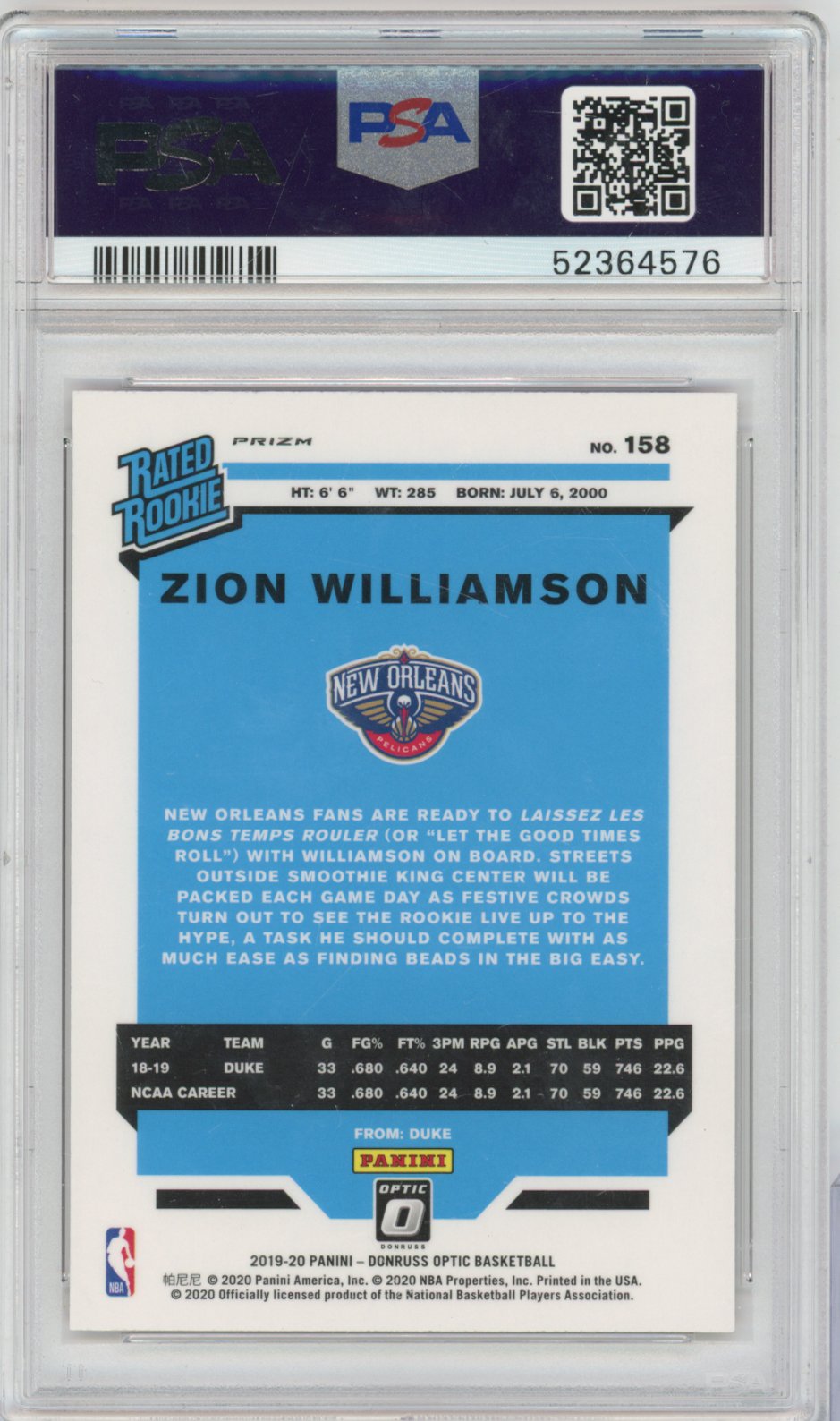 2019 Panini Donruss Optic Basketball Zion Williamson #158 Red Wave English PSA 10