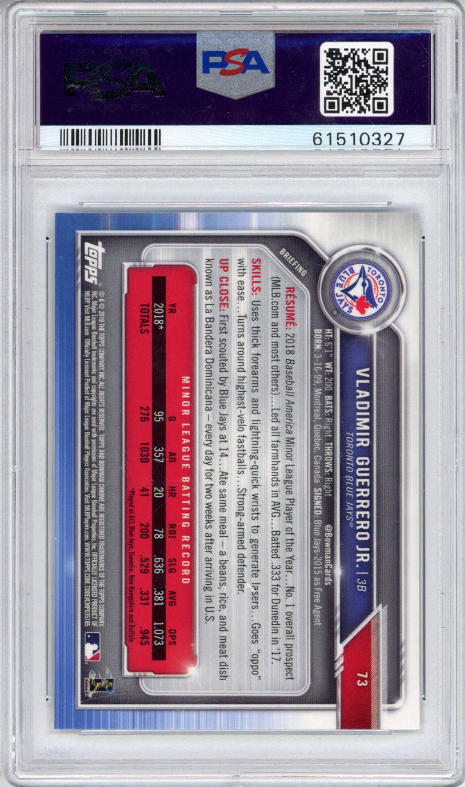 2019 Bowman Chrome Vladimir Guerrero JR. #73 PSA 10