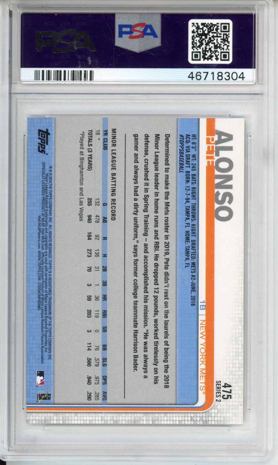 2019 Topps Pete Alonso #475 150th Anniversary PSA 10