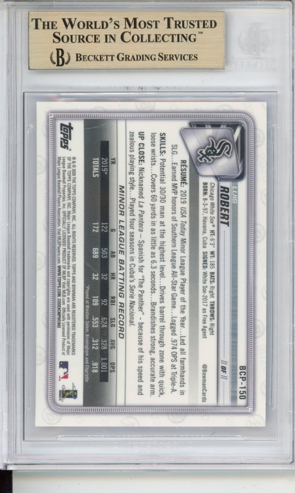 2020 Bowman Chrome Sapphire Prospects Luis Robert #BCP150 BGS 10