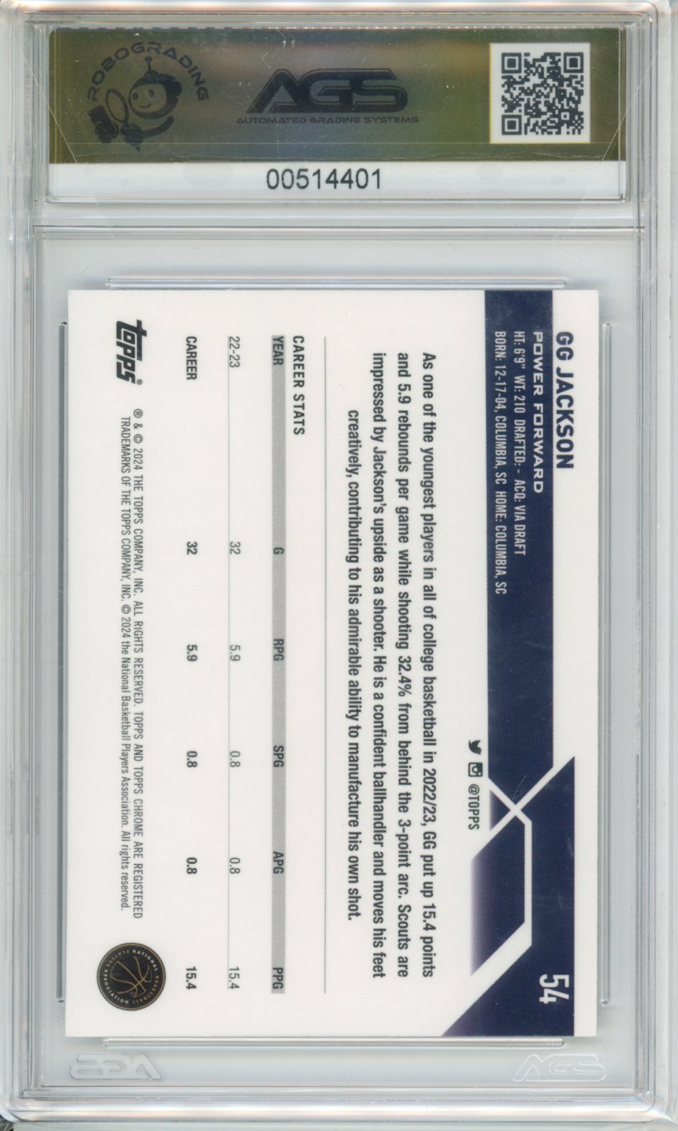 2023-24 TOPPS CHROME BASKETBALL GG JACKSON #054 NEGATIVE REFRACTORS AGS 9.5