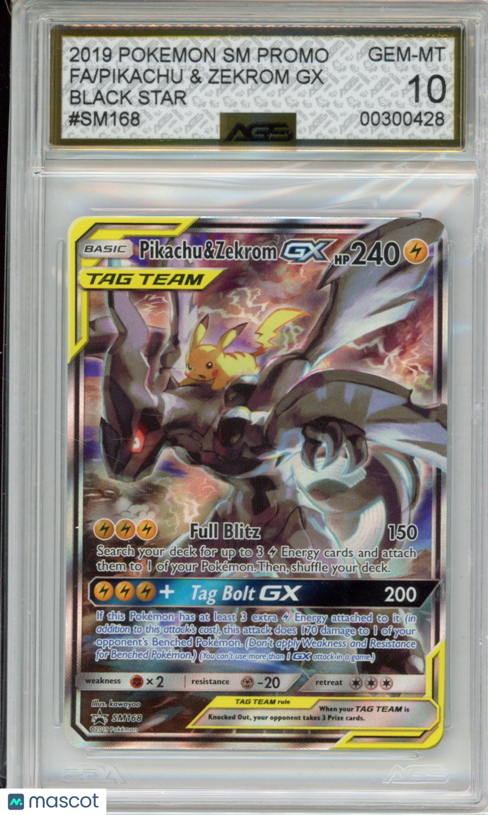 2016 Pokemon Sun & Moon Promos Pikachu & Zekrom GX #168 AGS 10