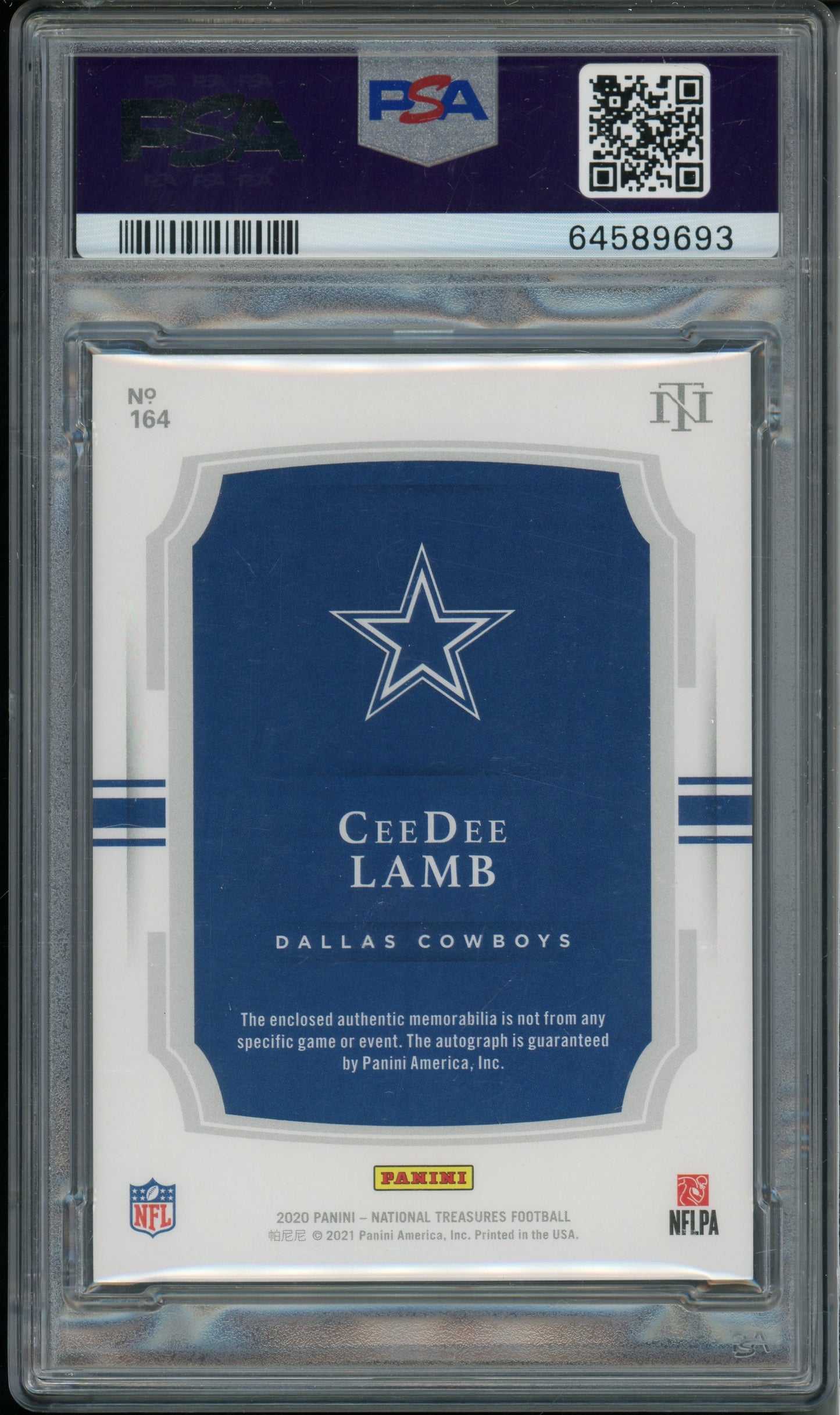 2020 Panini National Treasures Ceedee Lamb #164 Patch Autograph PSA 9