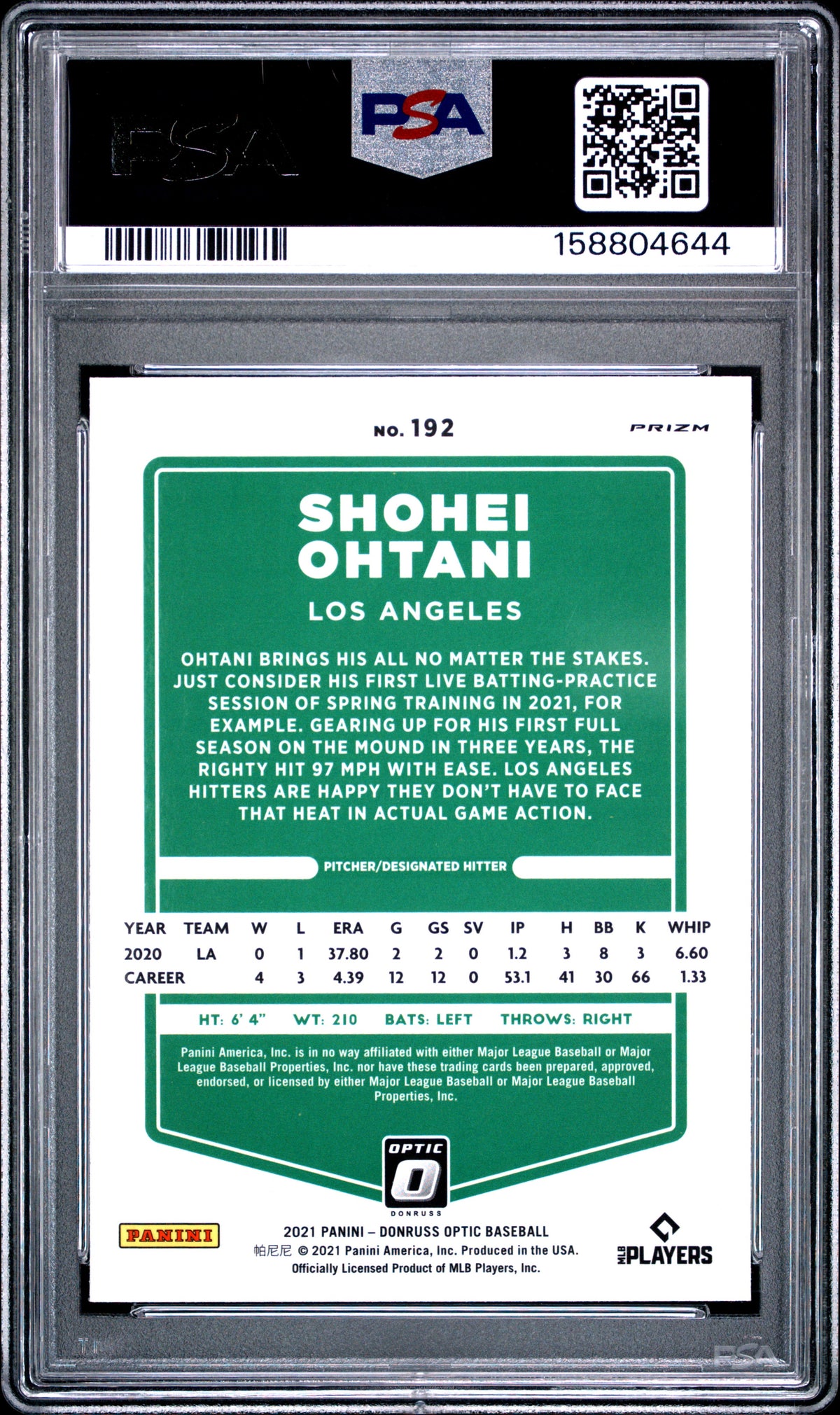 2021 Panini Donruss Optic Shohei Ohtani #192 Lime Green English PSA 8
