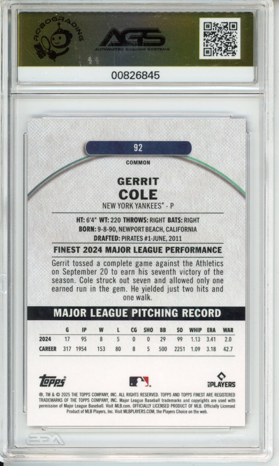Baseball 2025 TOPPS FINEST GERRIT COLE #092 Gold Unlimited AGS 9.5