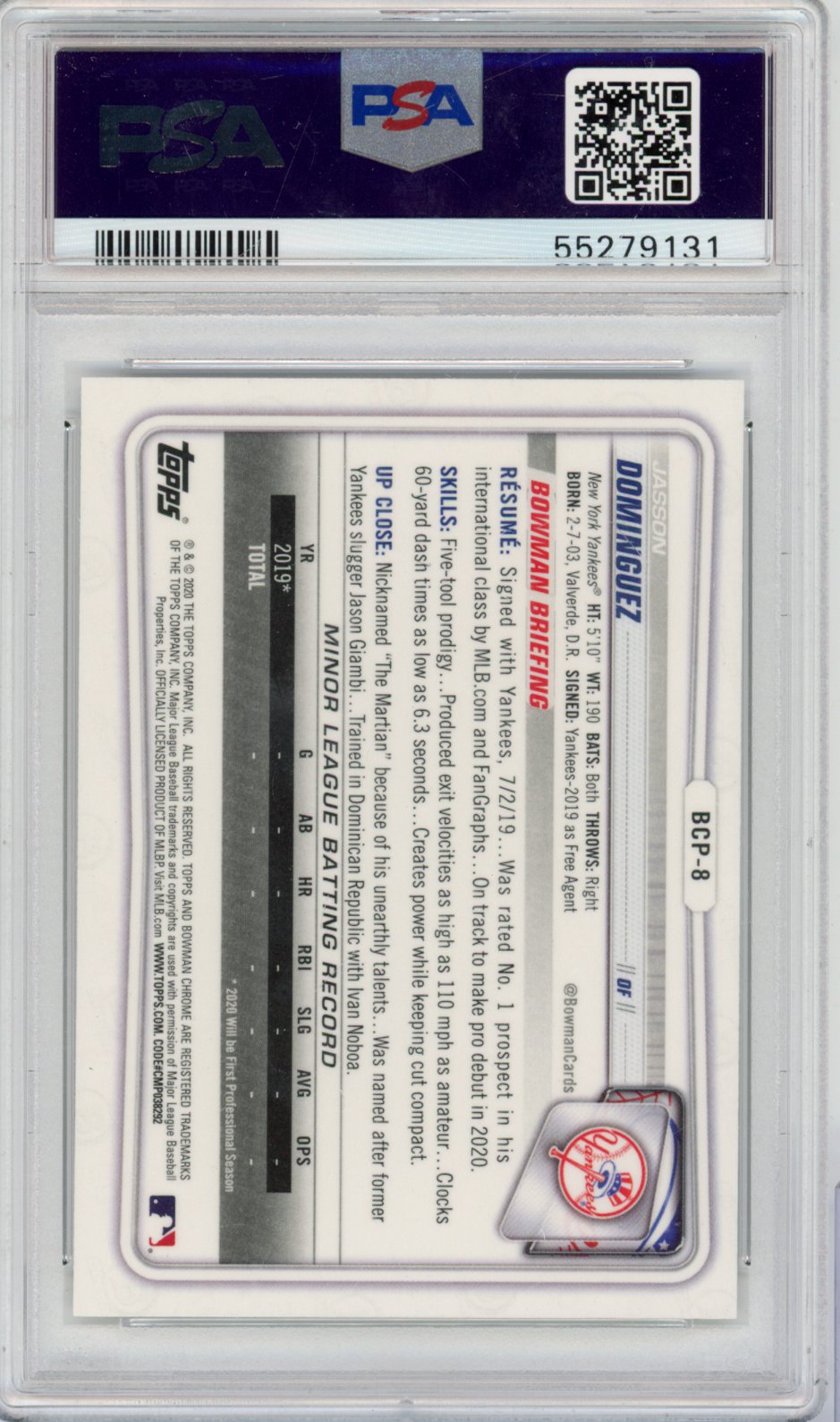 2020 Bowman Chrome Prospects Baseball Jasson Dominguez #BCP-8 Yellow English PSA 10