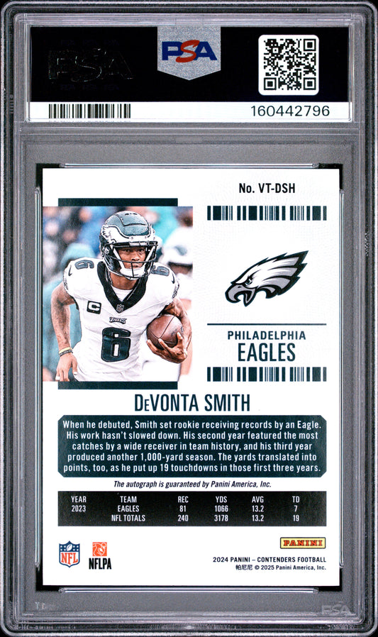 2024 Panini Contenders Veteran Ticket Autographs DeVonta Smith Playoff Ticket VTDSH English PSA 8