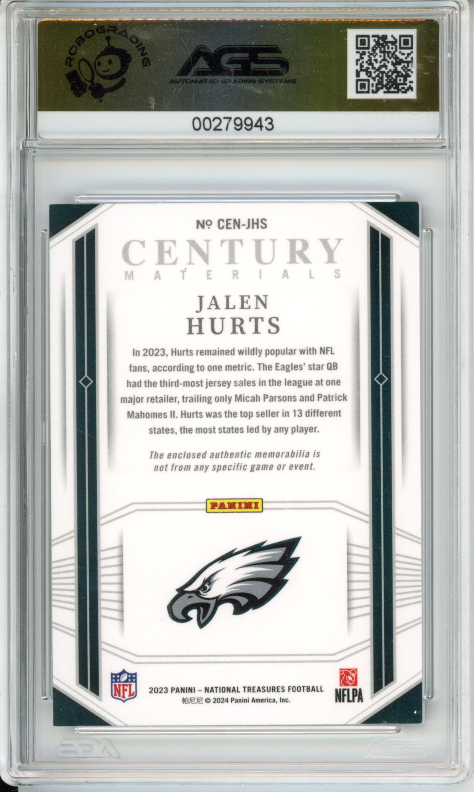 Football 2023 Panini National Treasures JALEN HURTS #CEN-JHS Shield 1/1 AGS 9.5