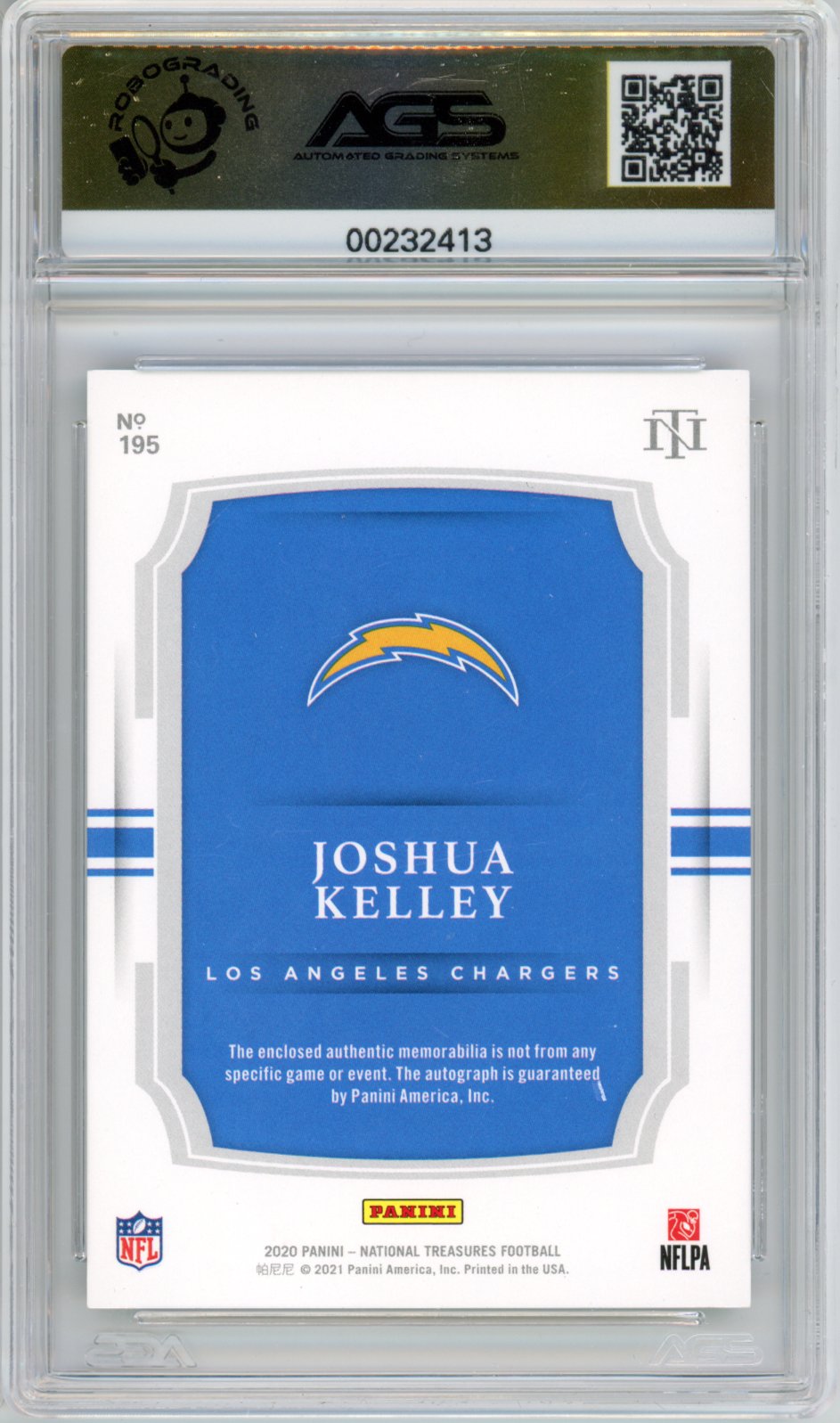 2021 National Treasures Joshua Kelley #195 Rookie Patch Auto RPA RC AGS 9.5