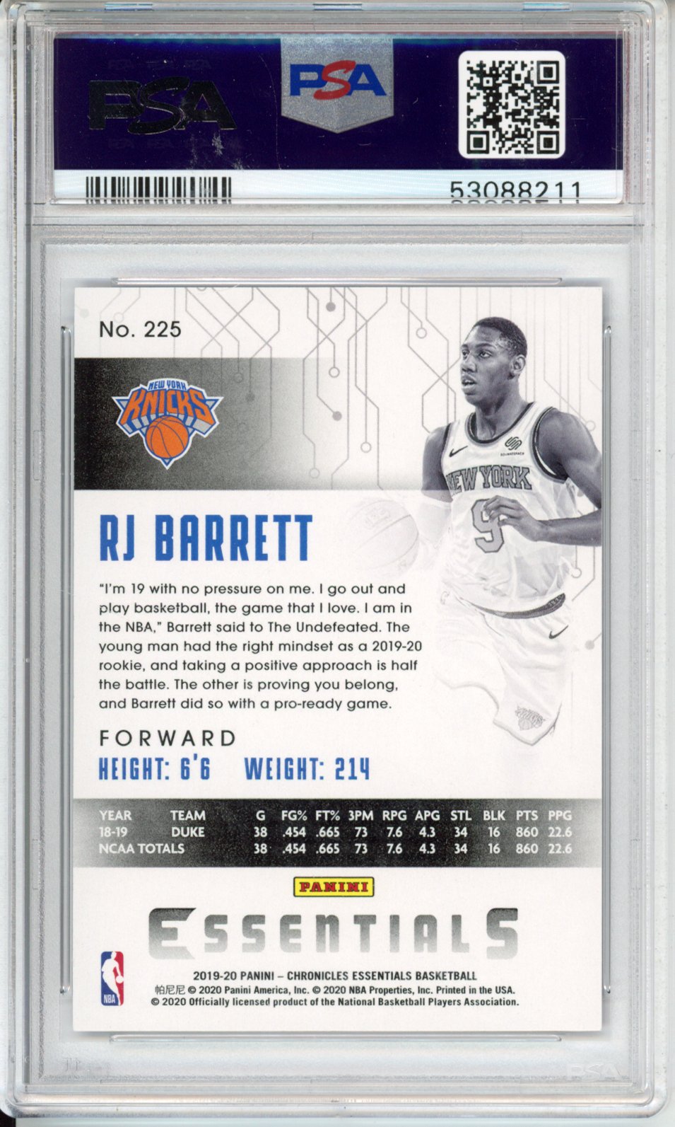 2019 Panini Chronicles RJ Barrett #225 Purple PSA 9