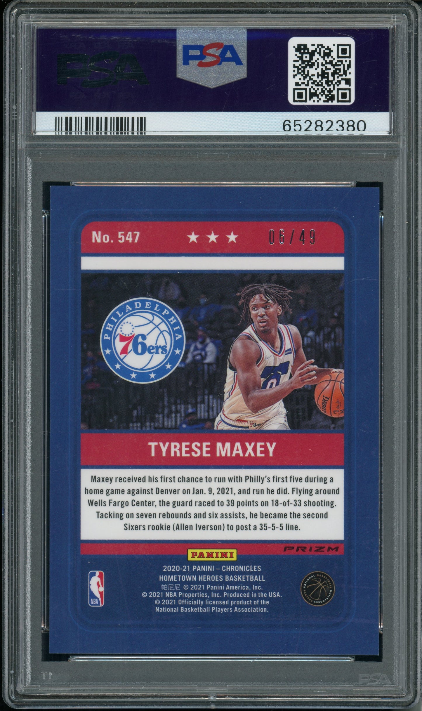 2020 Panini Chronicles Tyrese Maxey #547 Purple PSA 10