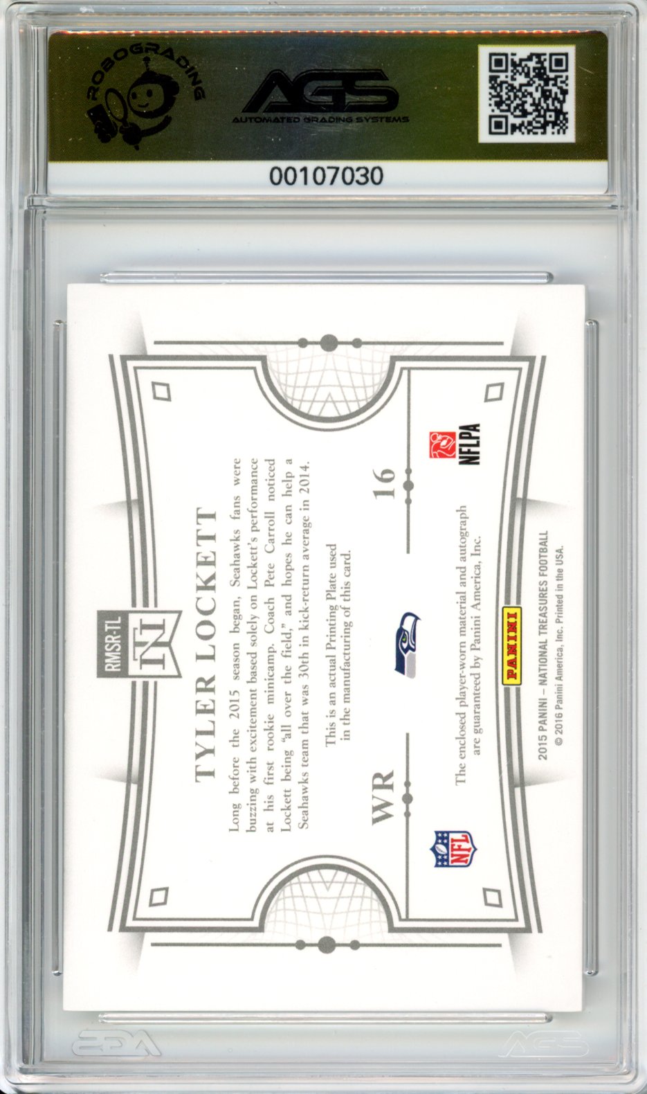 2016 National Treasures Tyler Lockett #RMSR-TL Rookie Material Tag Red 1/1 AGS 9.5