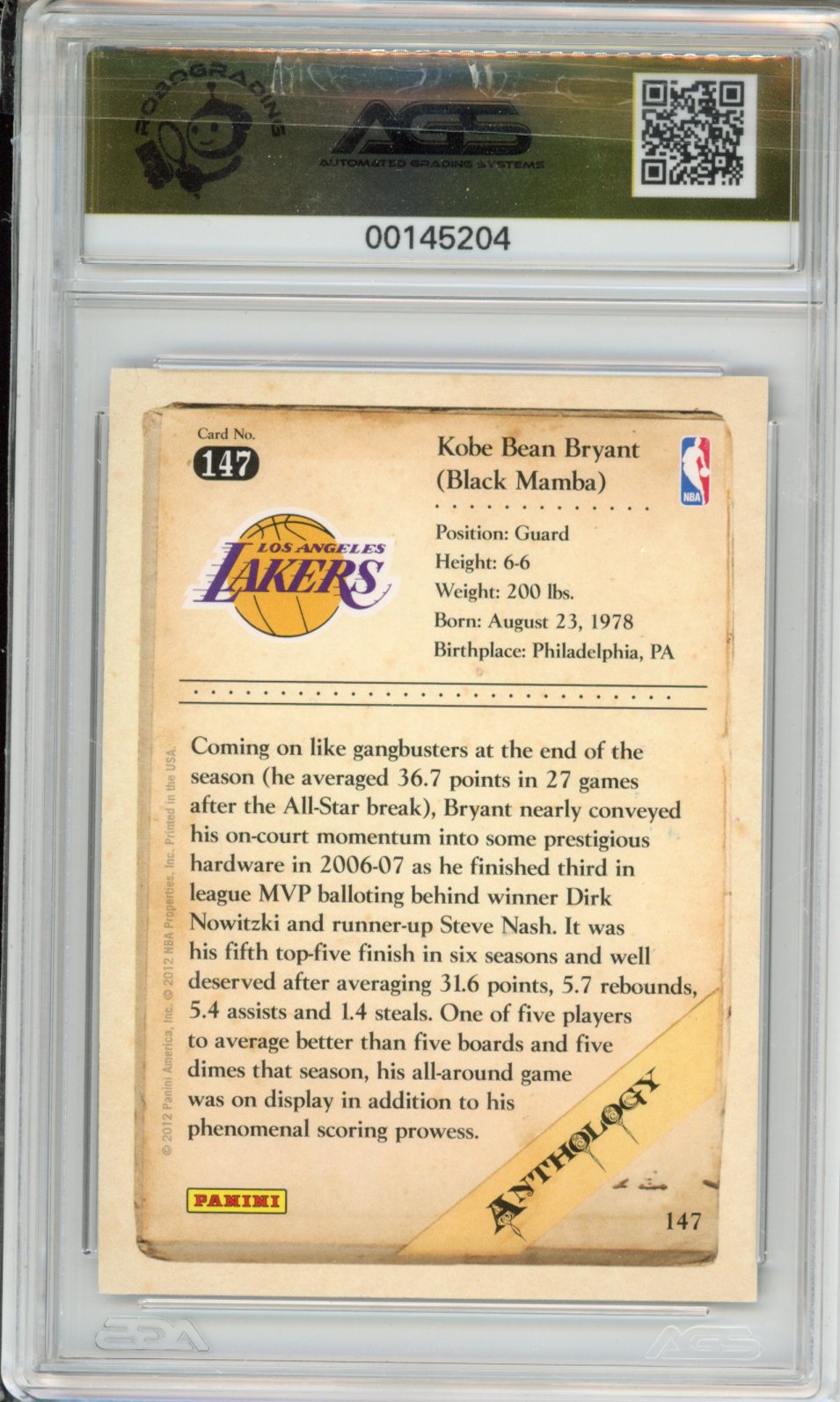 Basketball 2012-13 Panini Kobe Anthology KOBE BRYANT #147 AGS 10