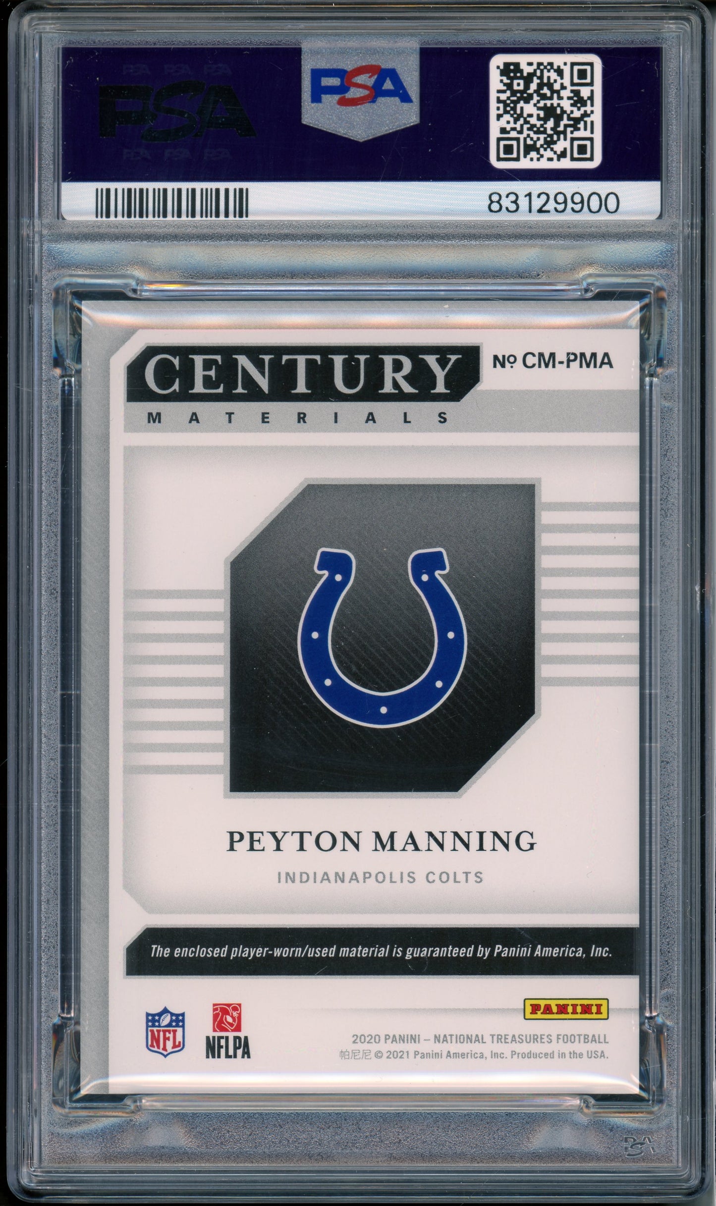 2020 Panini National Treasures Peyton Manning #PMA Century Materials PSA 8