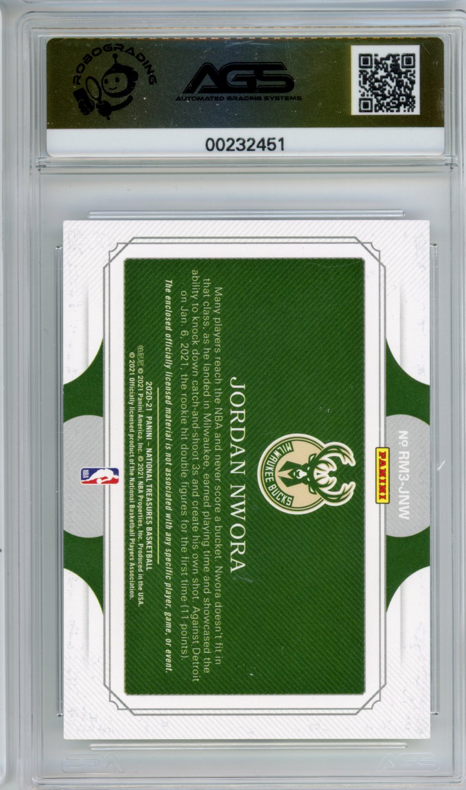 2020-21 National Treasures JORDAN NWORA #RM3-JNW ROOKIE TRIPLE MATERIALS AGS 10