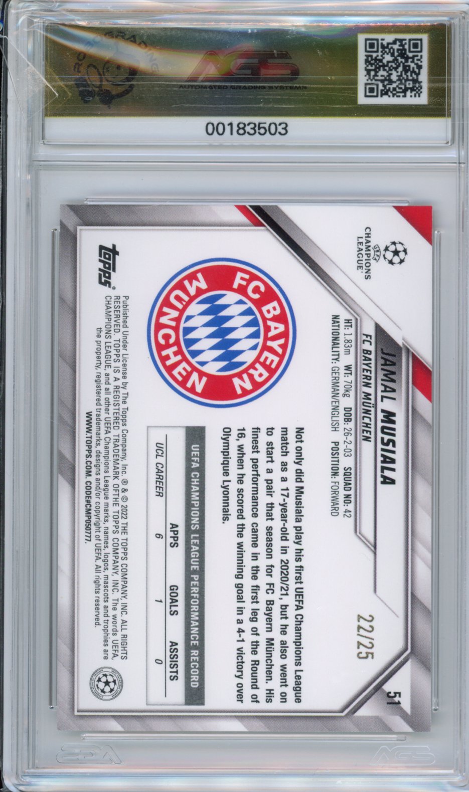 2021-22 Topps UEFA CHAMPIONS LEAGUE JAMAL MUSIALA #051 Orange Jade /25 AGS 10