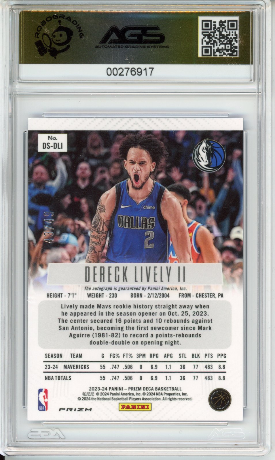 2023-24 PANINI PRIZM DECA DERECK LIVELY II #DS-DLI SIGNATURES PRIZMS BLUE /49 AGS 10