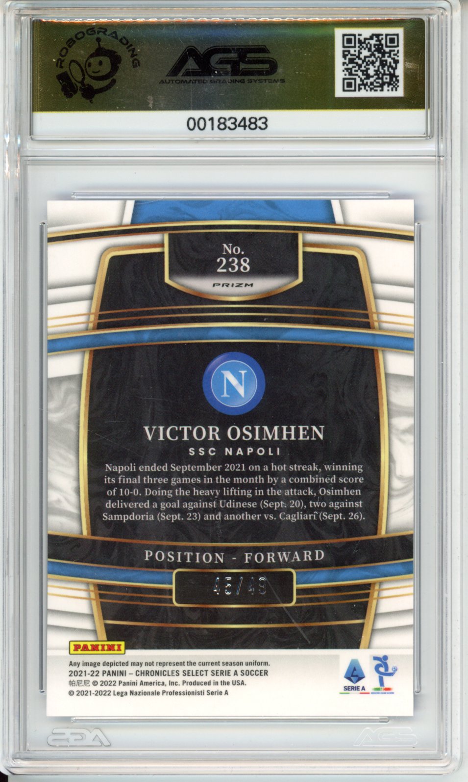2022 Panini Chronicles VICTOR OSIMHEN #238 SELECT SERIE A - BLUE /49 AGS 9.5