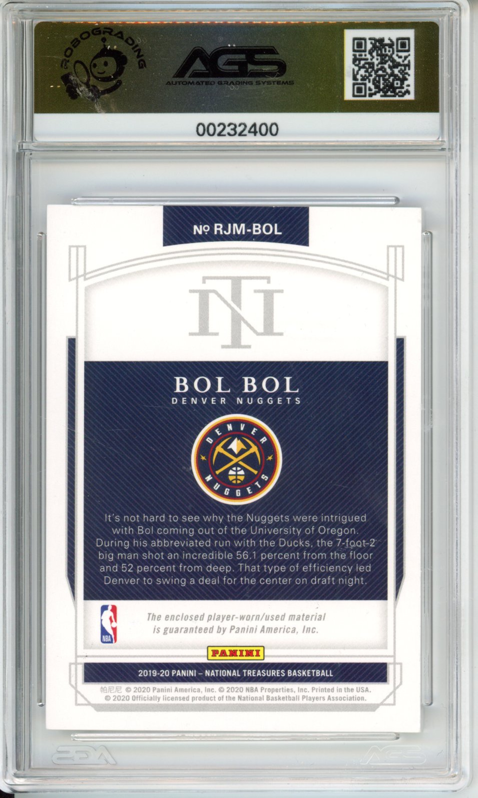 2019 Panini National Treasures Bol Bol #RJM-BOL Rookie Jumbo Materials /99 AGS 10