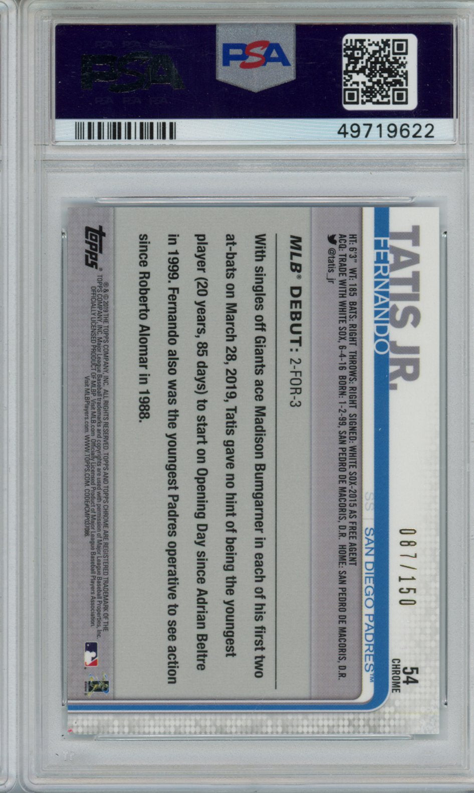 2019 Topps Chrome Update Fernando Tatis JR. #54 Blue Refractor RC PSA 10
