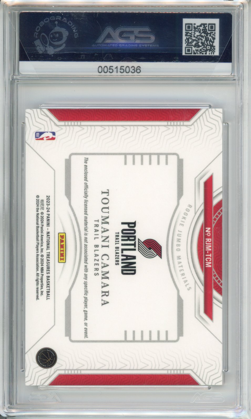 2023-24 National Treasures TOUMANI CAMARA #RJM-TCM ROOKIE JUMBO 06/24 AGS 9
