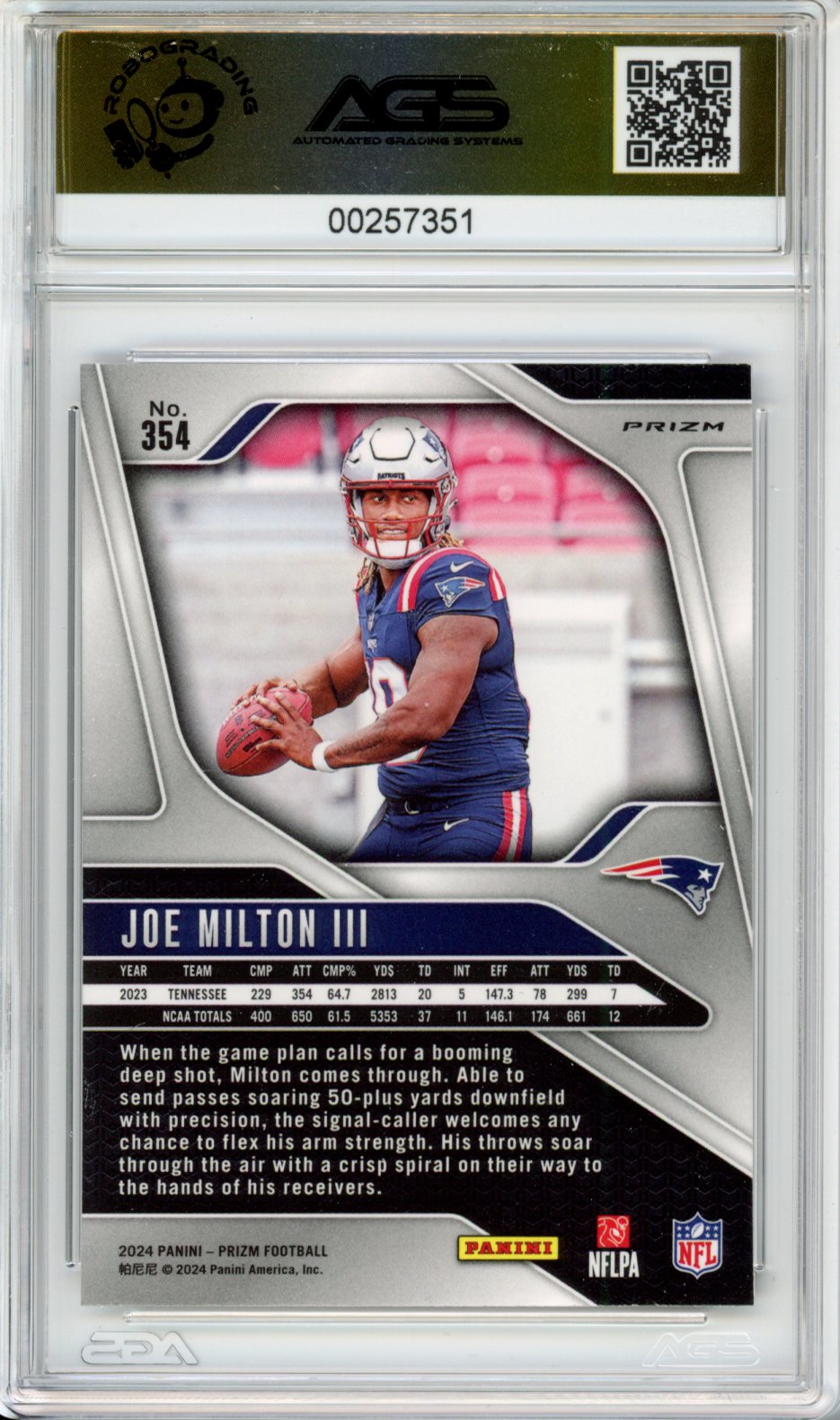 2024 Panini Prizm Joe Milton III #354 AGS 10