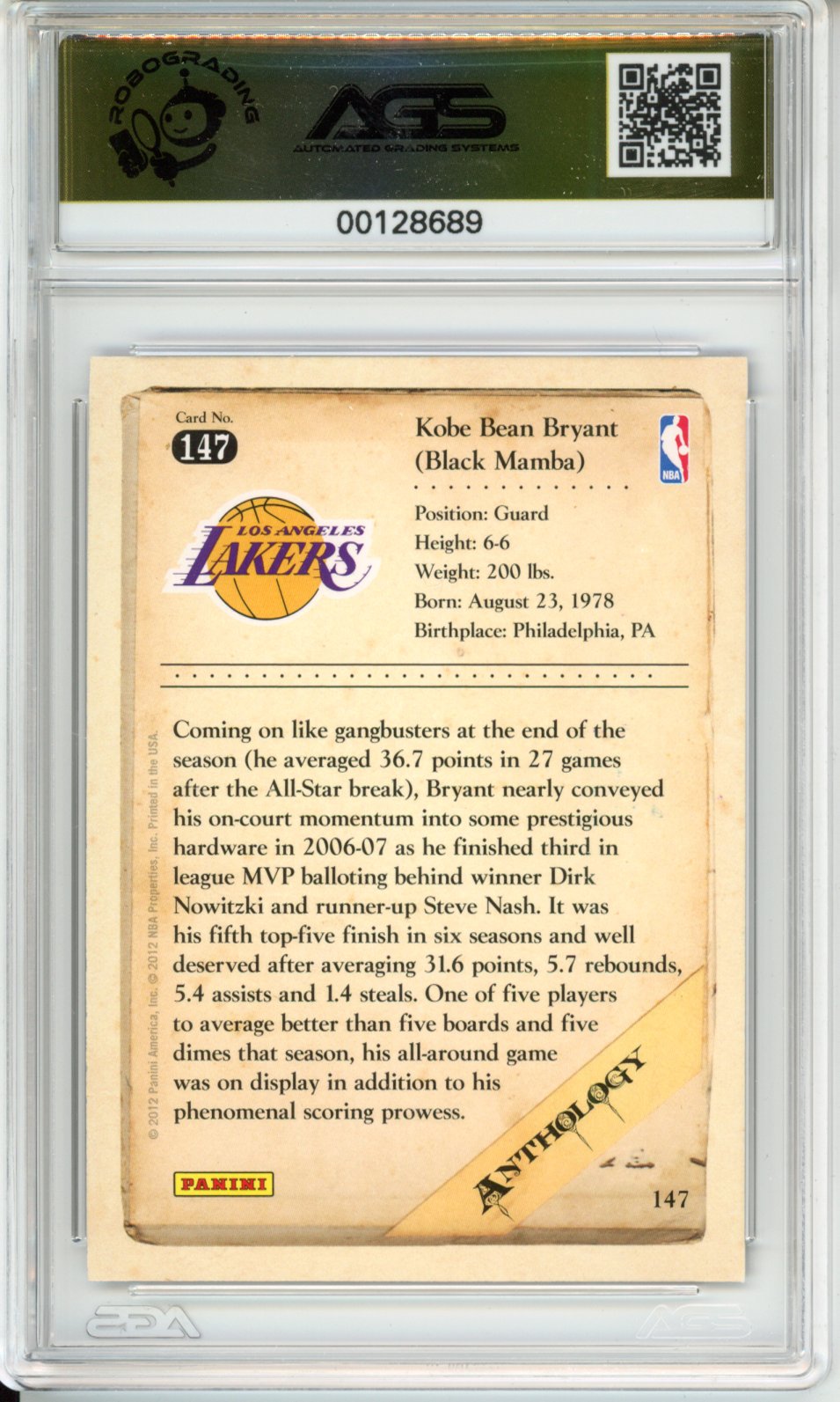 Basketball 2012-13 Panini Kobe Anthology KOBE BRYANT #147 AGS 10