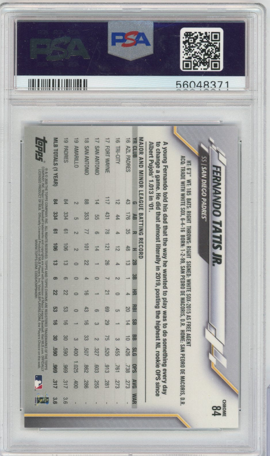 2020 Topps Chrome Ben Baller Baseball Fernando Tatis Jr. #84 Fernando Tatis Jr. Chrome Ben Baller English PSA 10