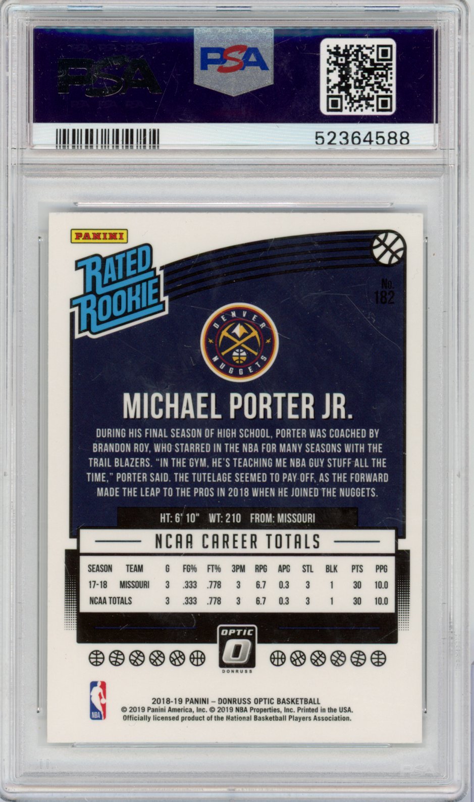 2018 Panini Donruss Optic Basketball Michael Porter Jr. #182 Michael Porter Jr. Donruss Optic English PSA 9