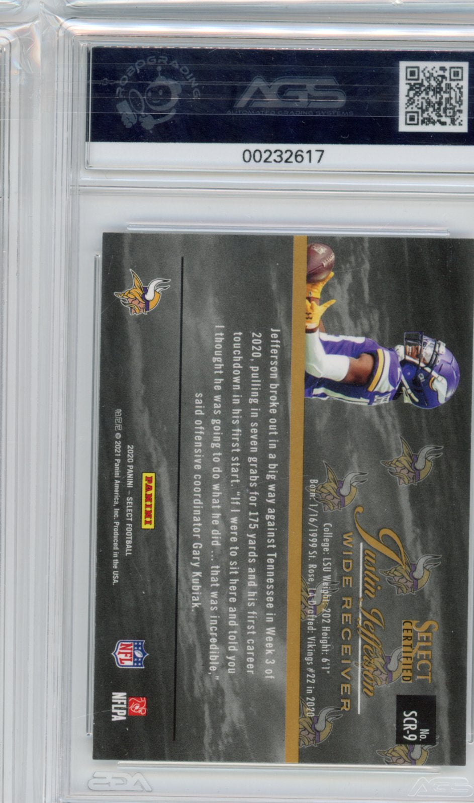 Football 2020 Panini Select Justin Jefferson #SCR-9 Certified Rookies AGS 9
