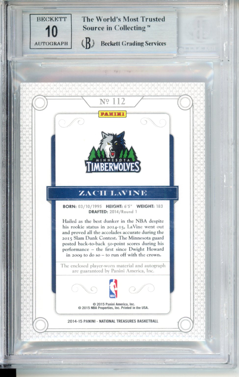 2014 Panini National Treasures Zach LaVine JSY #112 /99 BGS 9 Auto 10